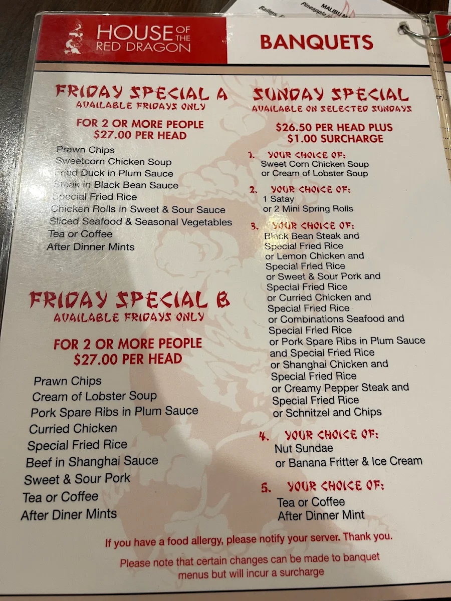 Menu, House of the Red Dragon