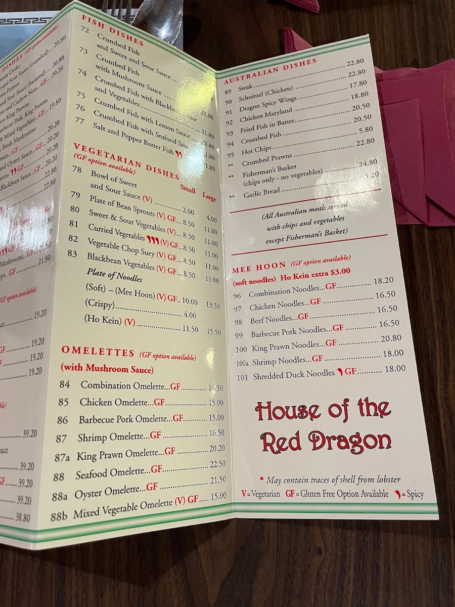 Menu, House of the Red Dragon