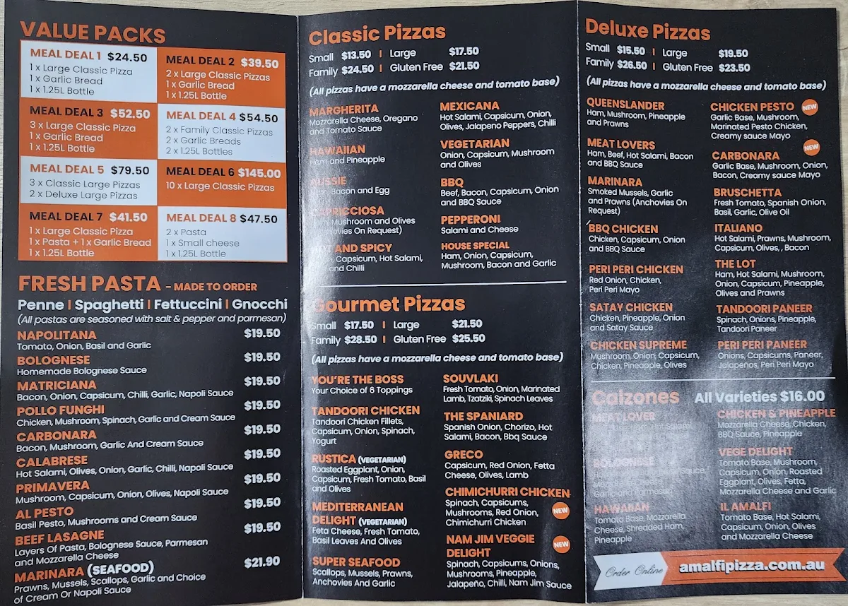 Menu, Amalfi Pizza & Pasta Ipswich