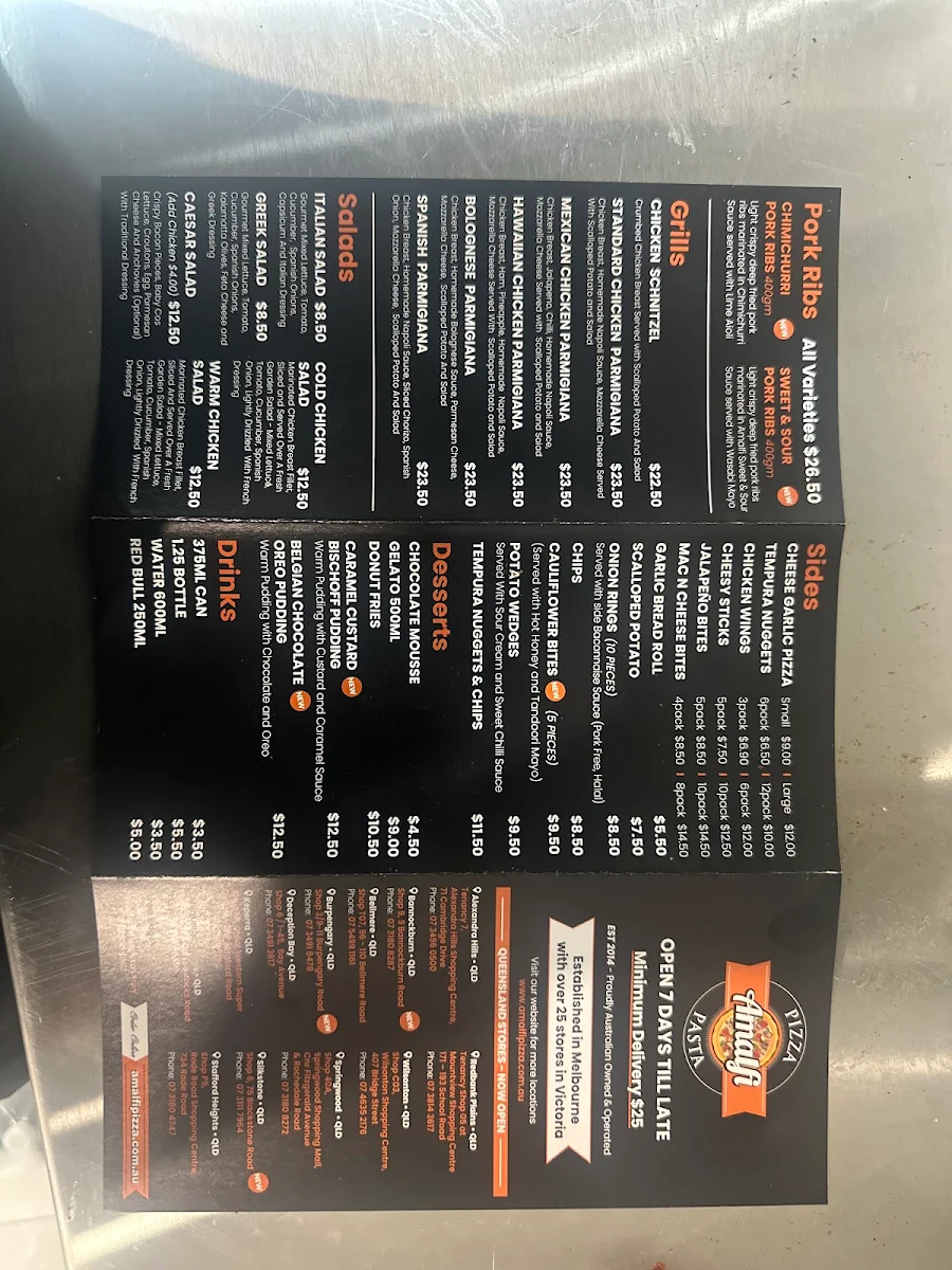Menu, Amalfi Pizza & Pasta Ipswich