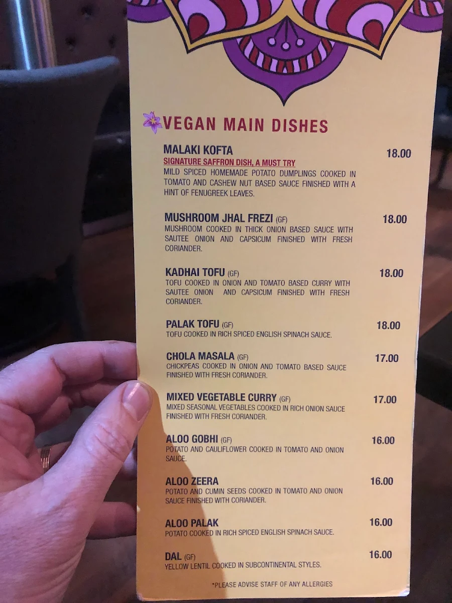 Menu, Saffron Indian Restaurant Inglewood