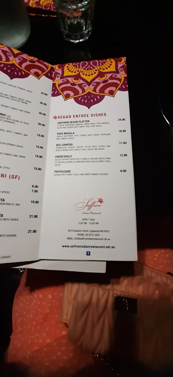 Menu, Saffron Indian Restaurant Inglewood