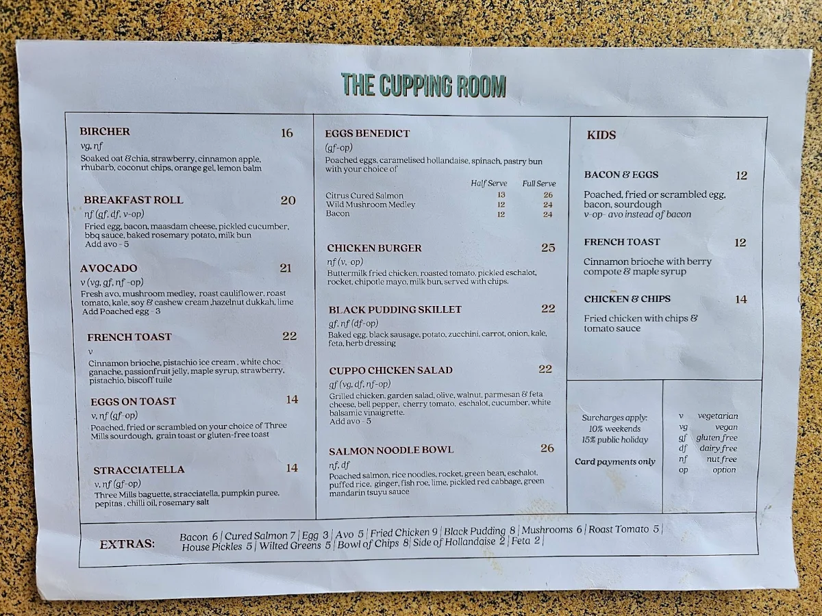 Menu, The Cupping Room