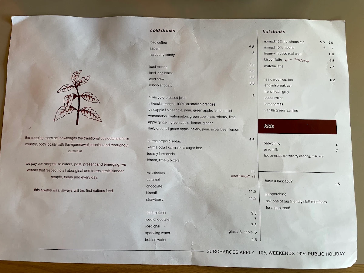 Menu, The Cupping Room