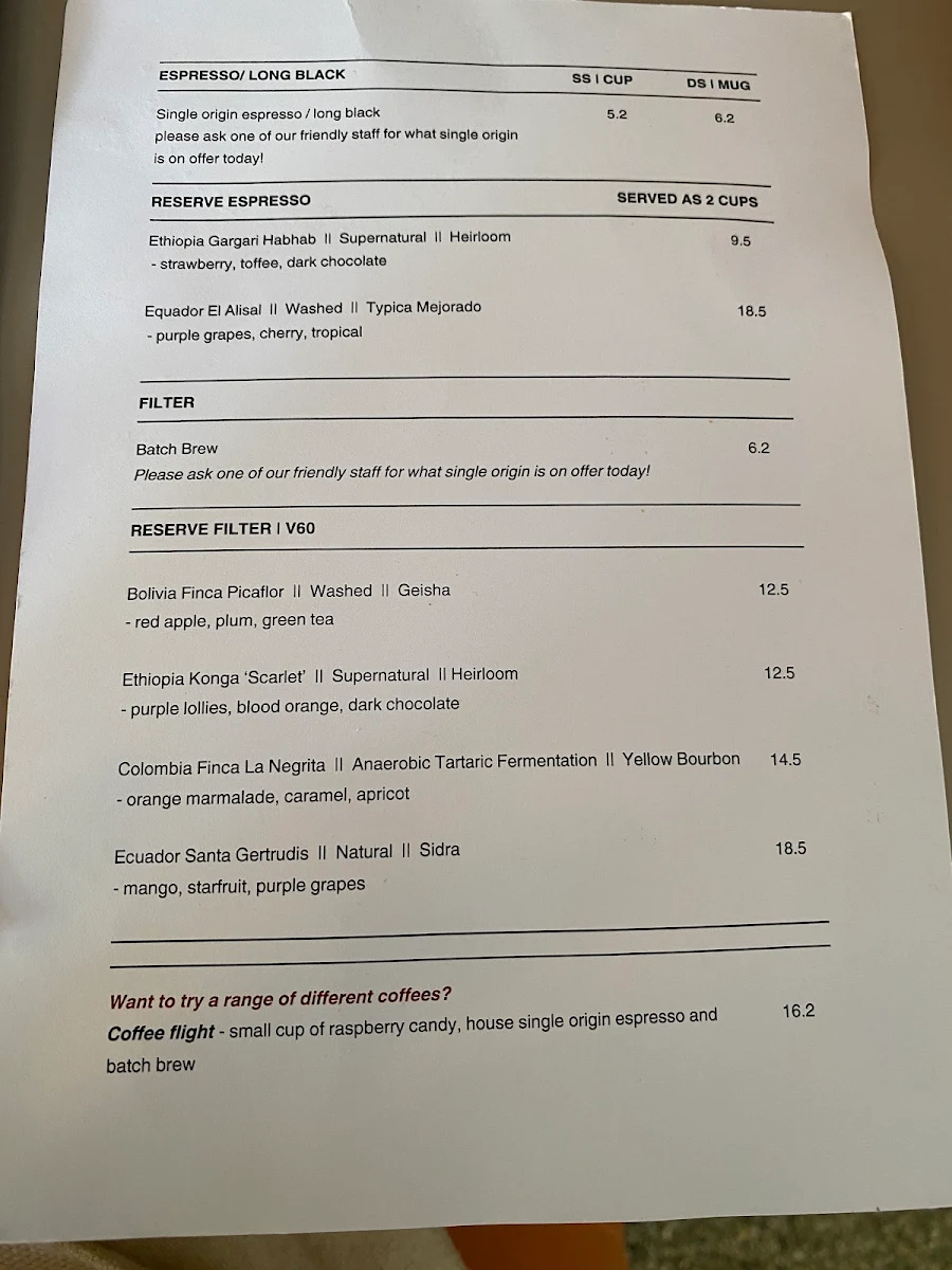 Menu, The Cupping Room