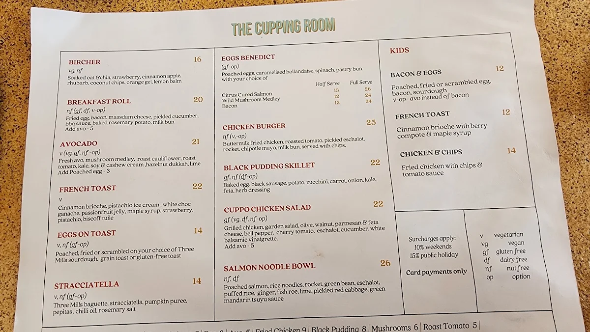 Menu, The Cupping Room