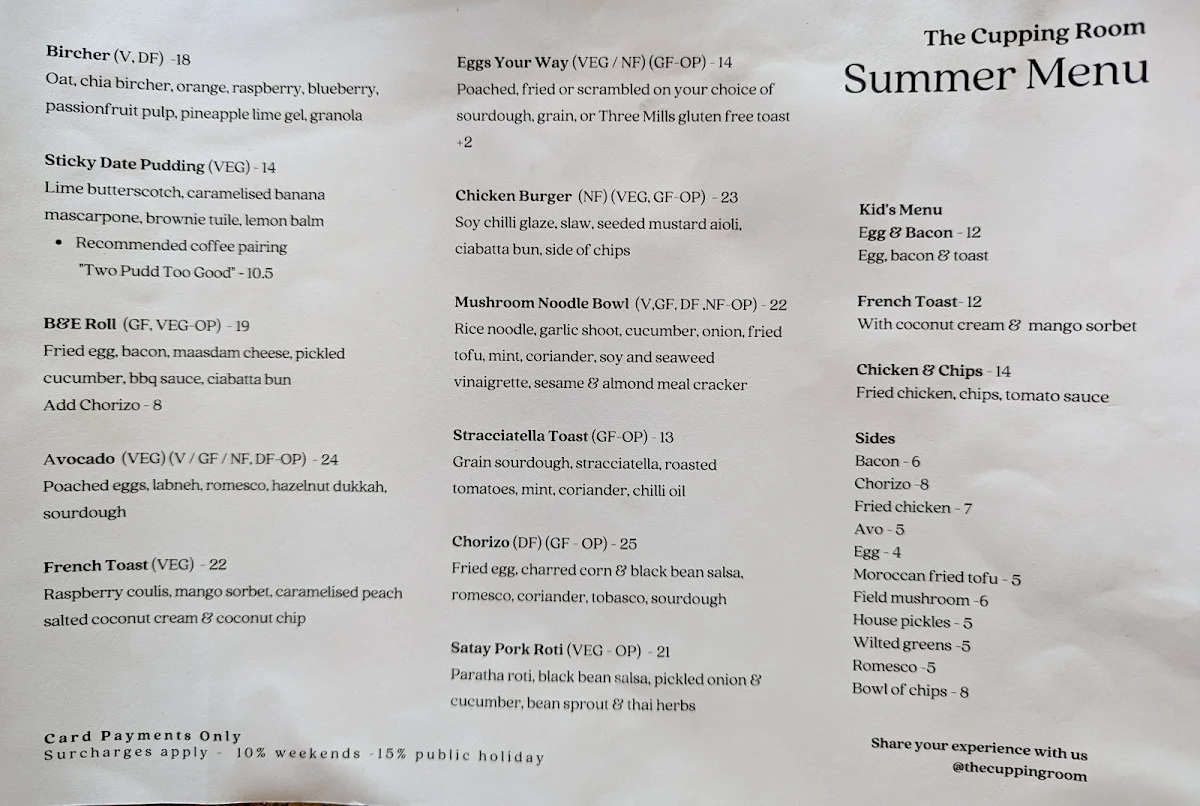 Menu, The Cupping Room