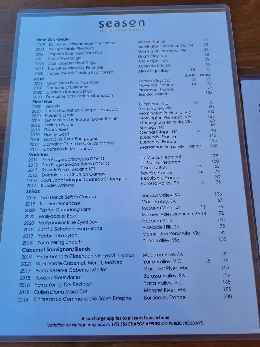 Menu, Season Restaurant & Bar