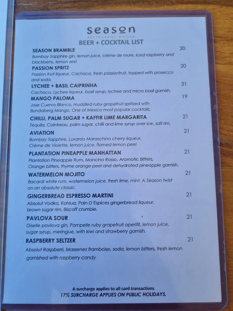 Menu, Season Restaurant & Bar