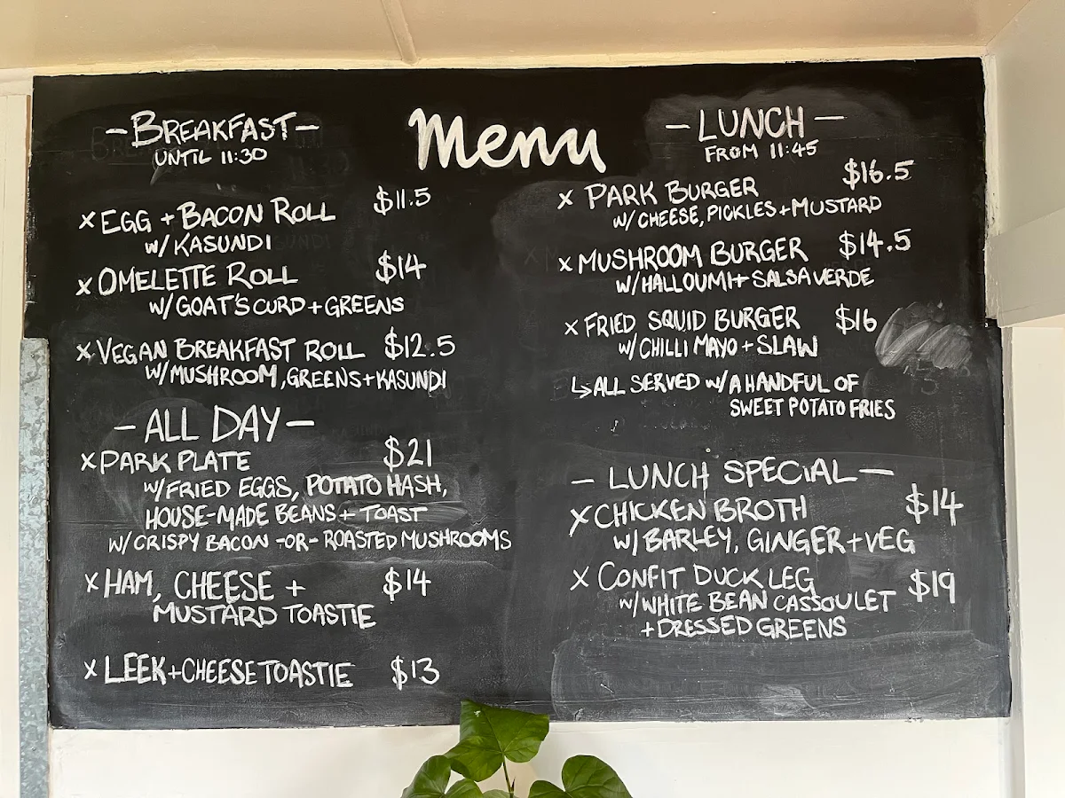 Menu, Park Beach cafe