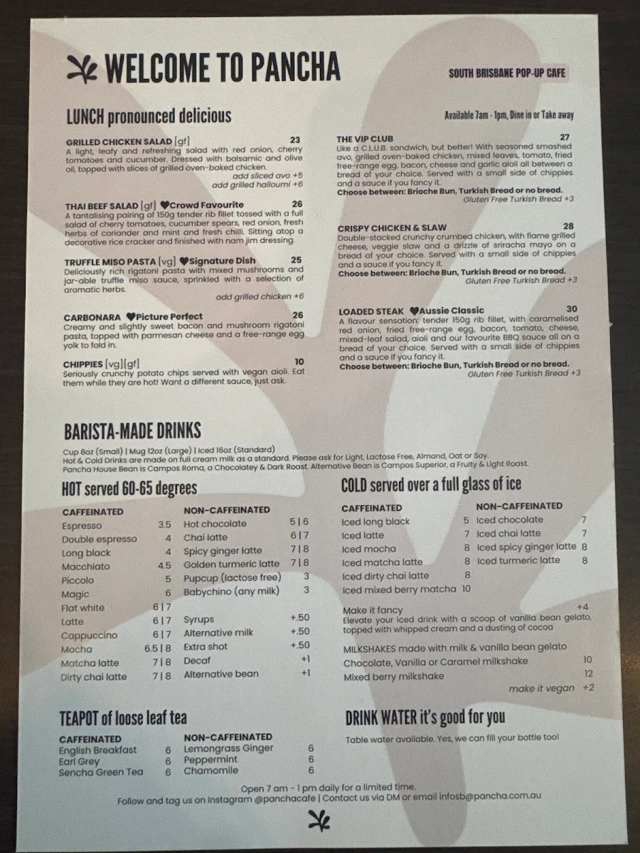 Menu, Pancha South Brisbane