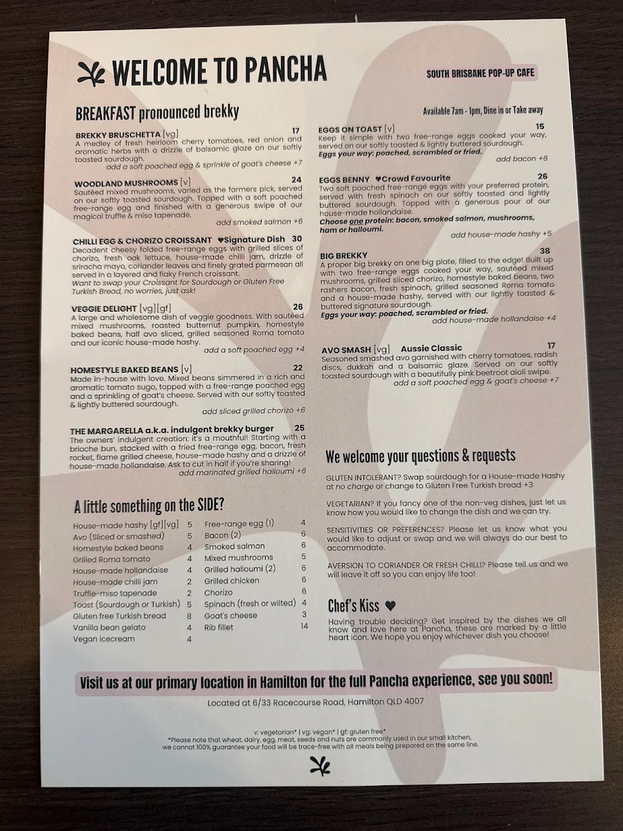 Menu, Pancha South Brisbane