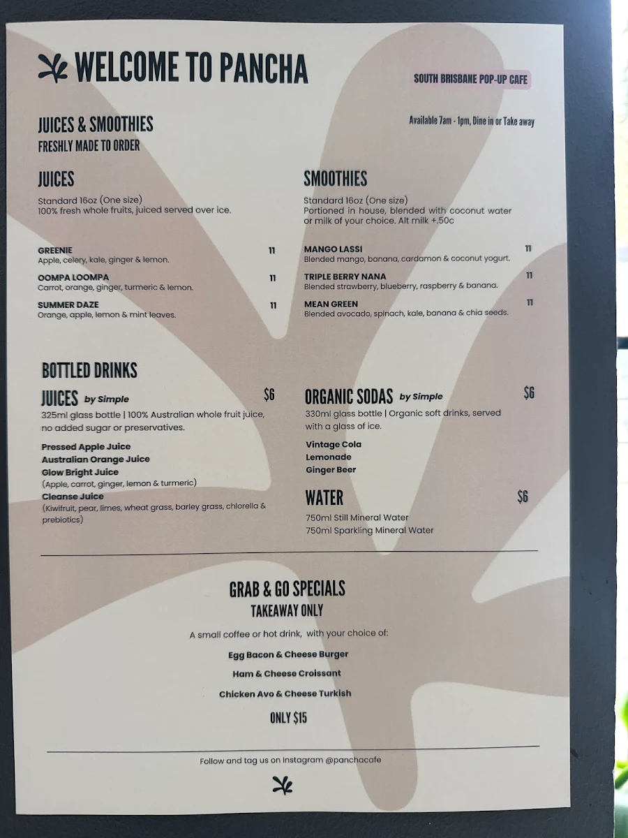 Menu, Pancha South Brisbane