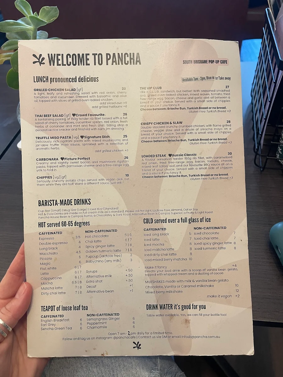 Menu, Pancha South Brisbane