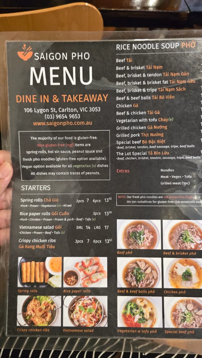Menu, Saigon Pho