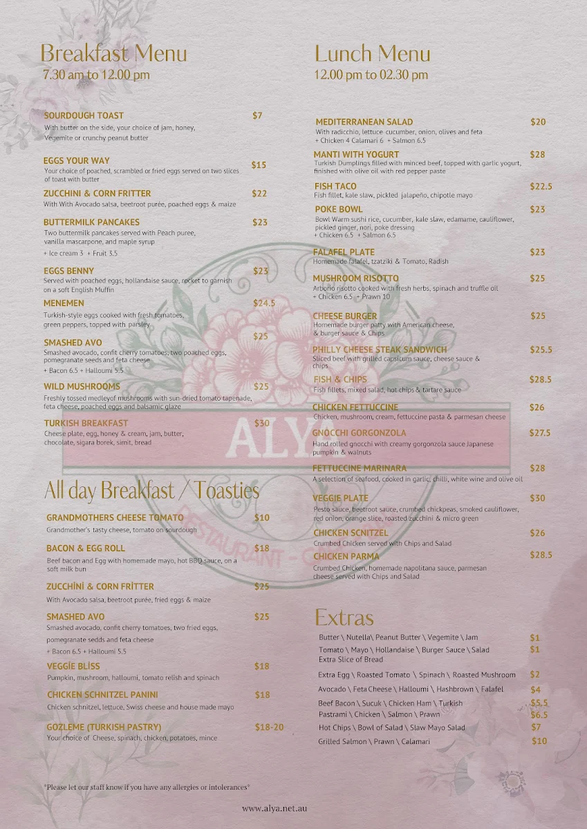 Menu, Alya Restaurant Cafe Bar