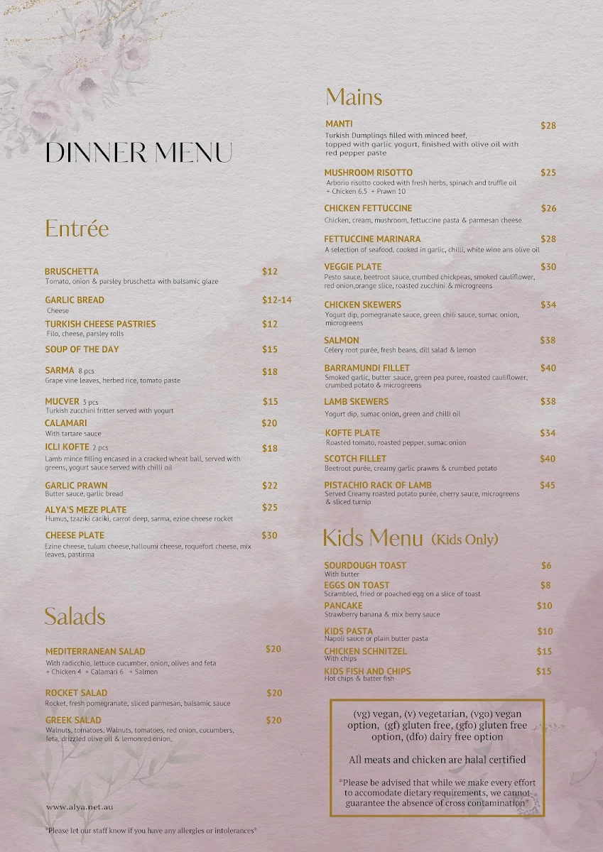 Menu, Alya Restaurant Cafe Bar