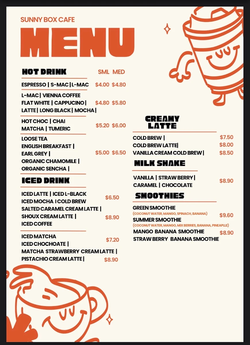 Menu, Sunny Box Cafe