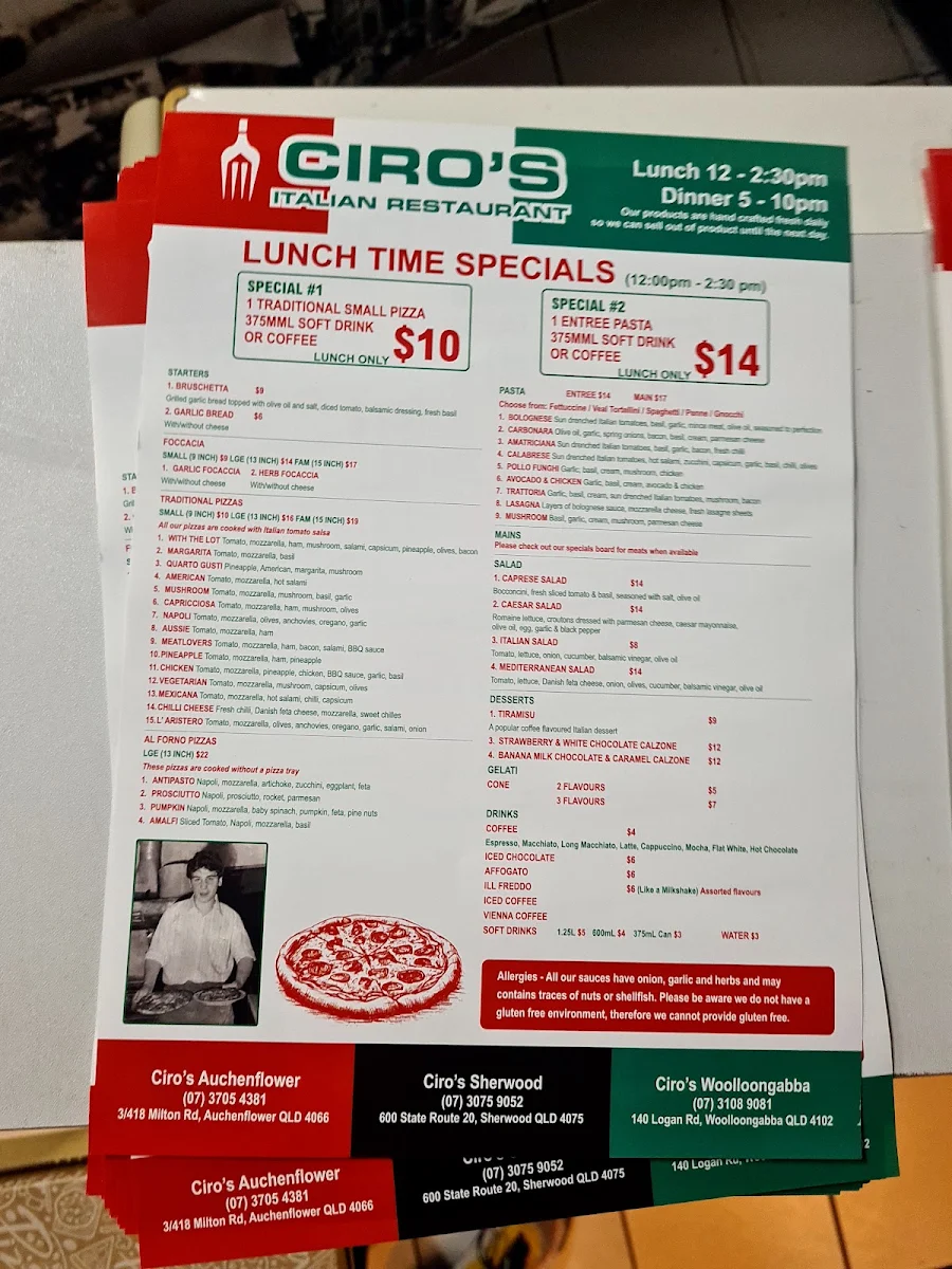 Menu, Ciro’s Italian Restaurant