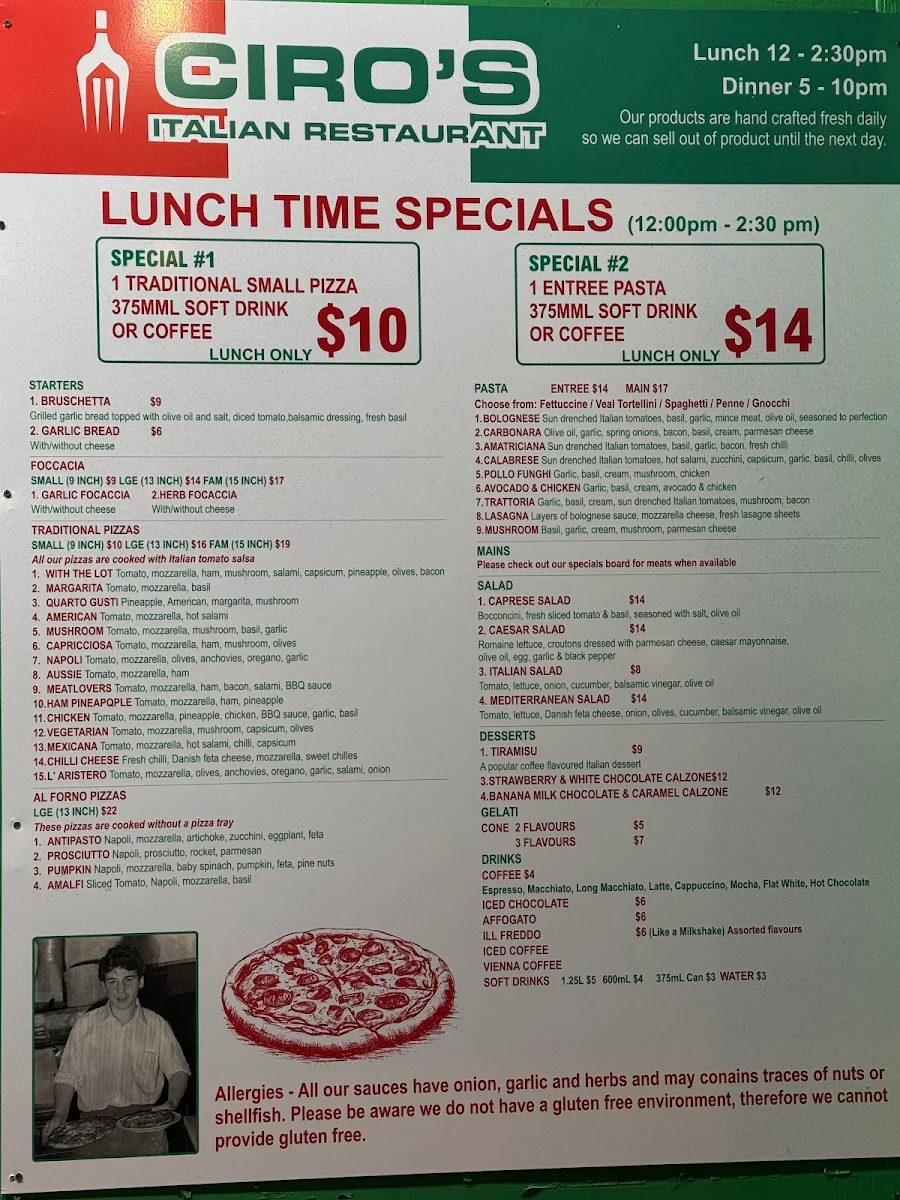 Menu, Ciro’s Italian Restaurant