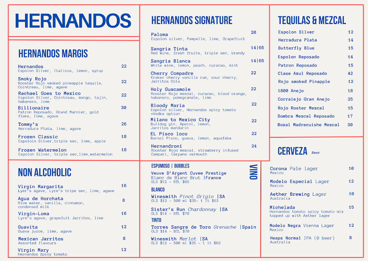 Menu, Hernandos Wyong