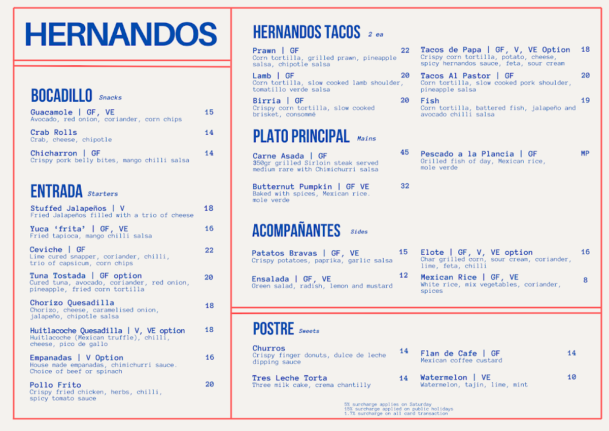 Menu, Hernandos Wyong