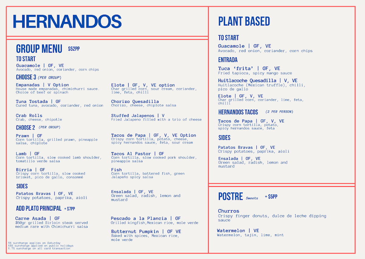 Menu, Hernandos Wyong