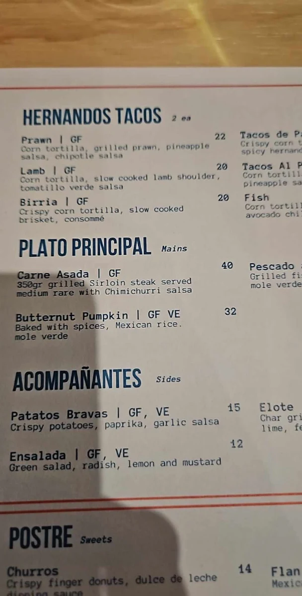 Menu, Hernandos Wyong