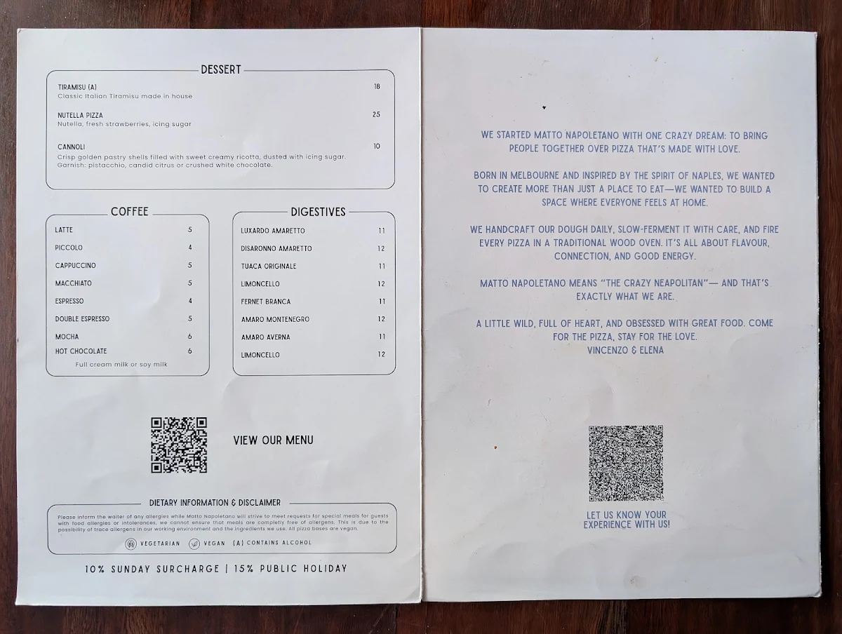 Menu, Matto Napoletano Pizzeria