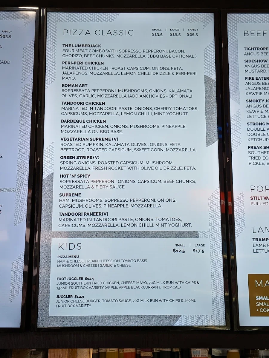 Menu, Sideshow Burgers Blackburn