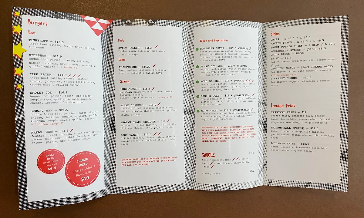 Menu, Sideshow Burgers Blackburn
