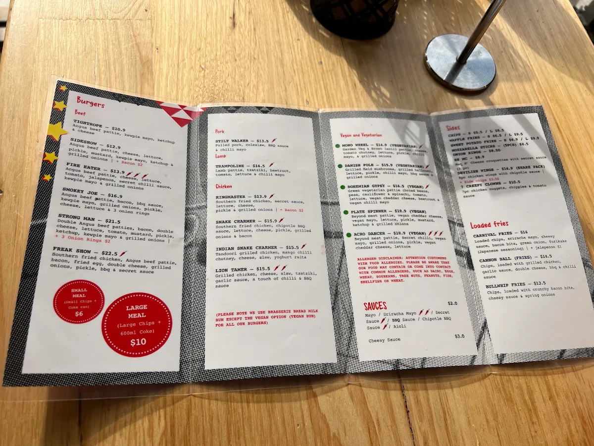 Menu, Sideshow Burgers Blackburn