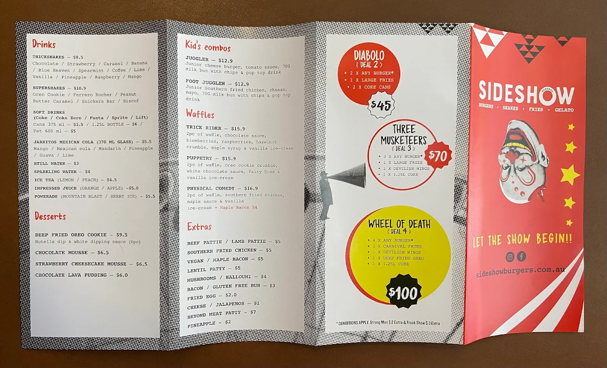 Menu, Sideshow Burgers Blackburn
