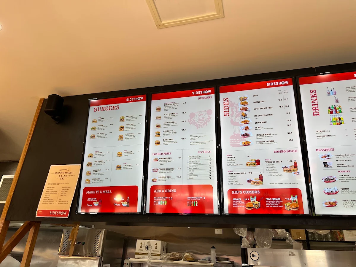 Menu, Sideshow Burgers Blackburn