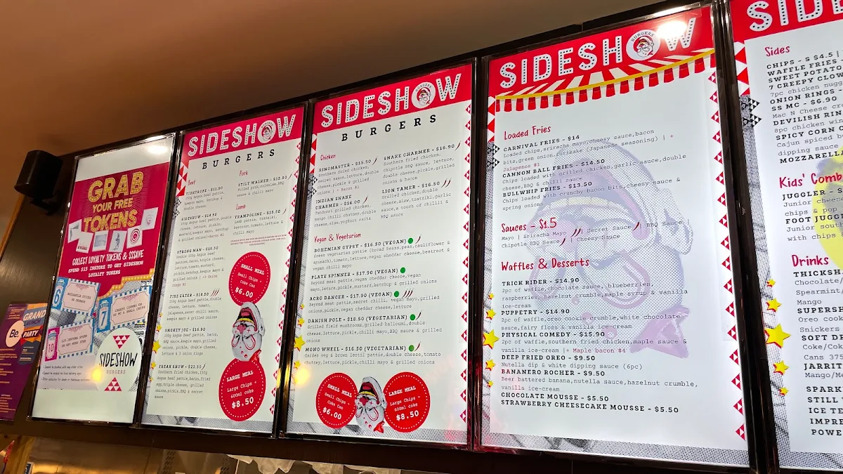Menu, Sideshow Burgers Blackburn