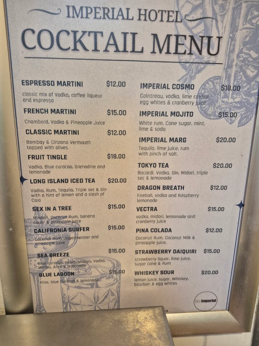 Menu, Imperial Hotel