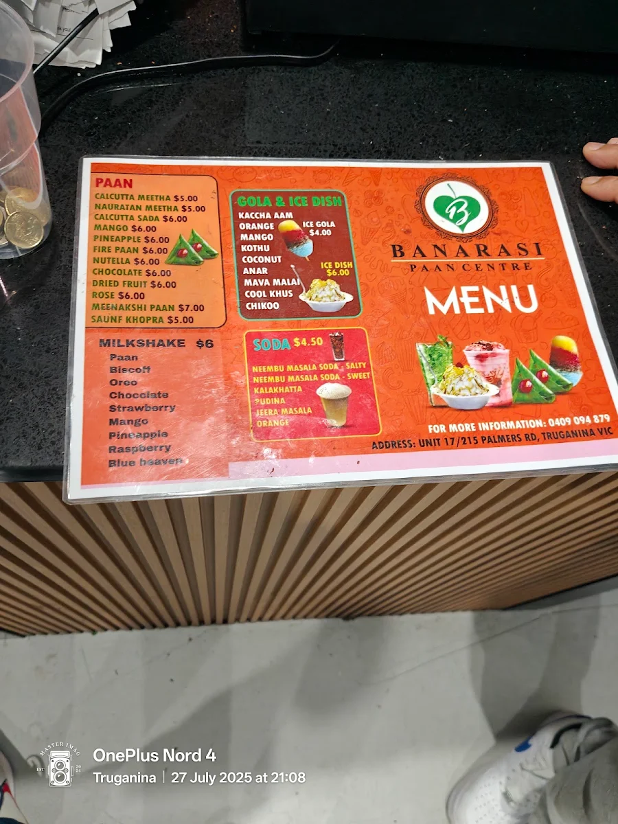 Menu, Banarasi Paan Centre Truganina