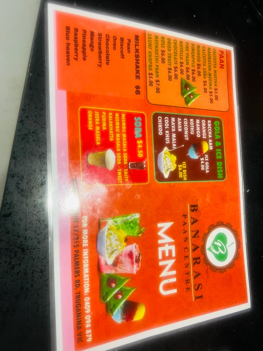 Menu, Banarasi Paan Centre Truganina