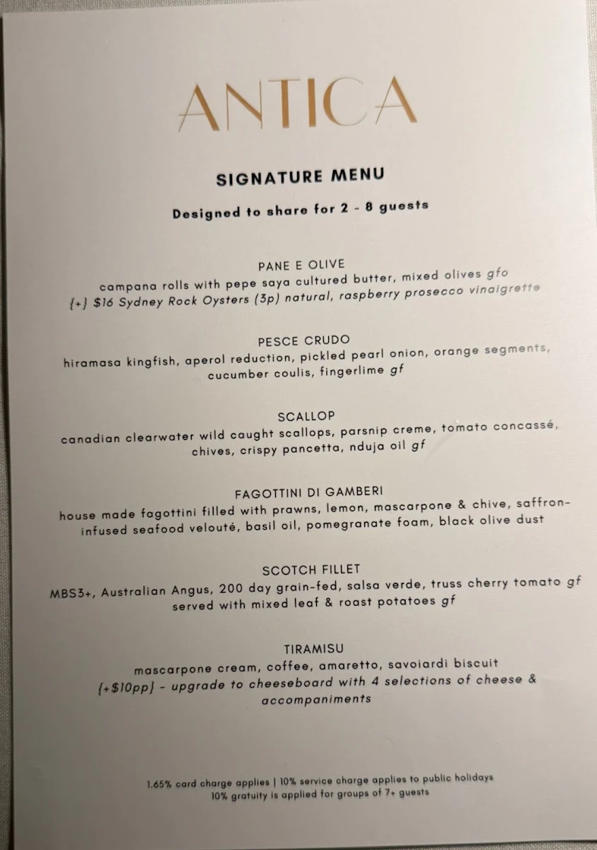 Menu, Antica Dining