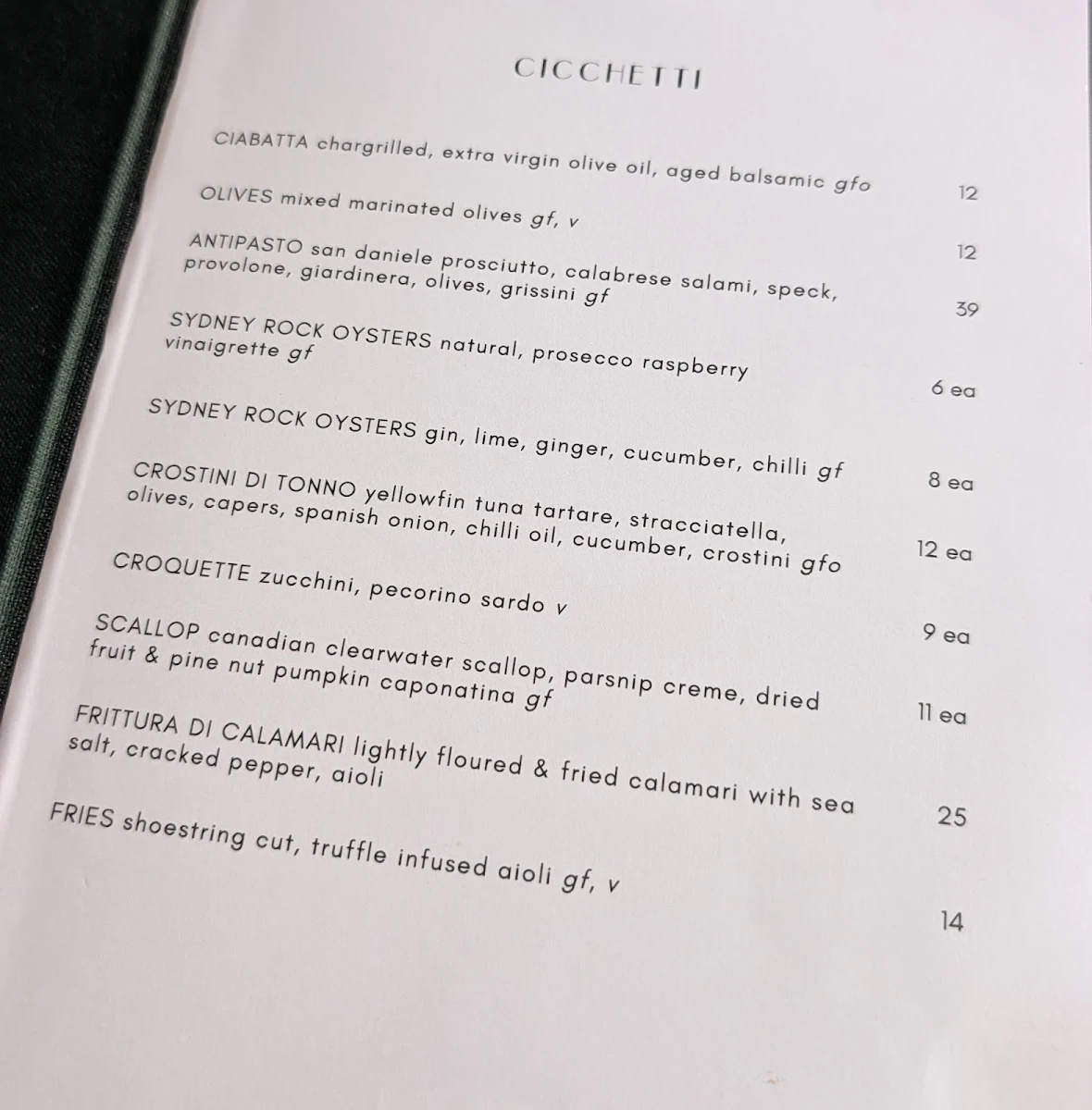 Menu, Antica Dining