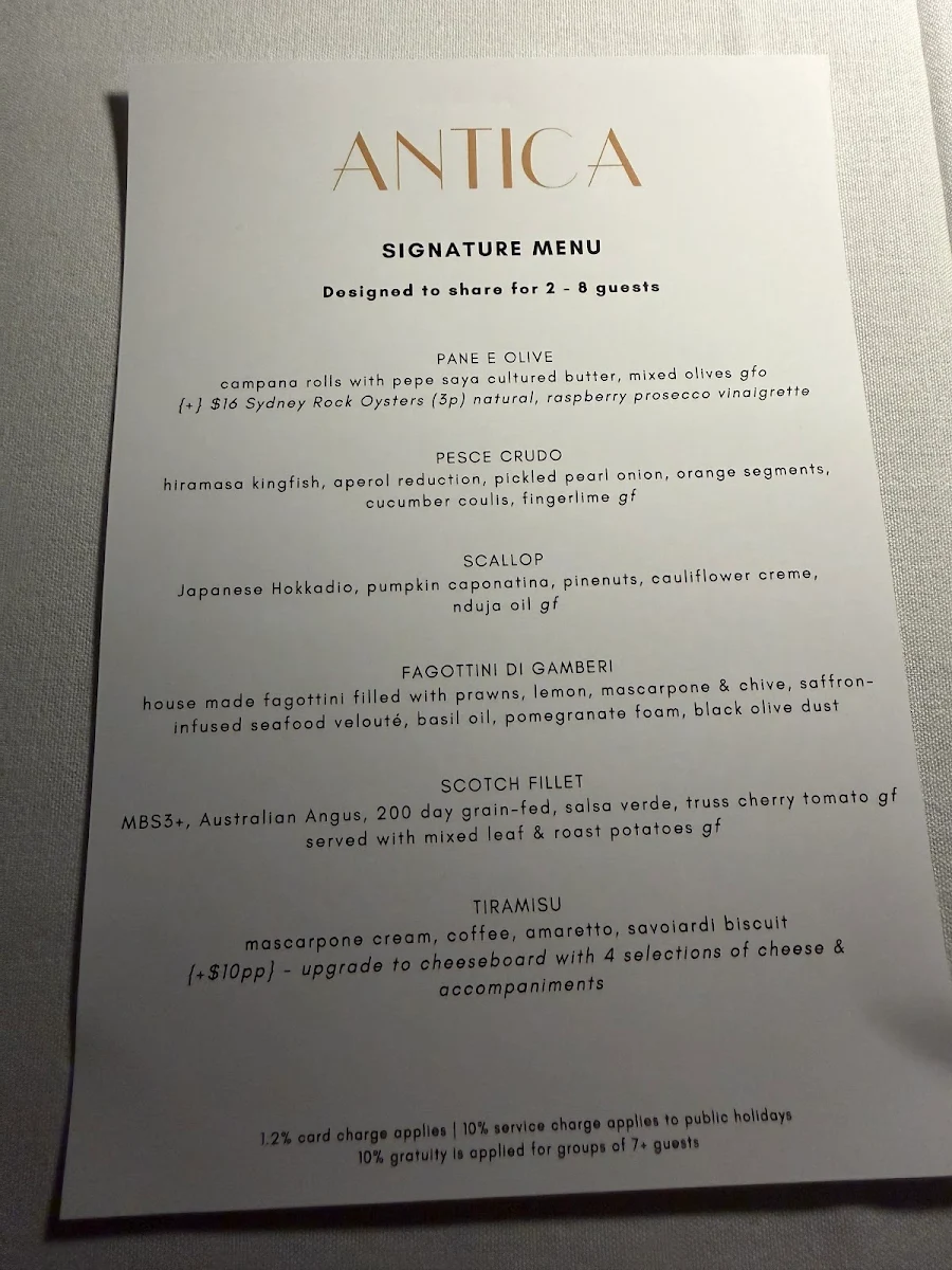 Menu, Antica Dining