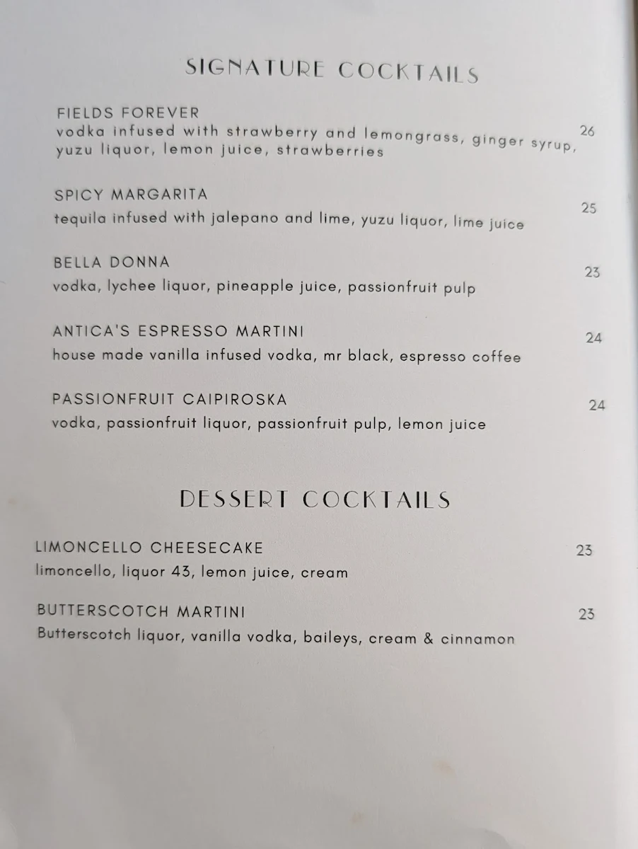 Menu, Antica Dining
