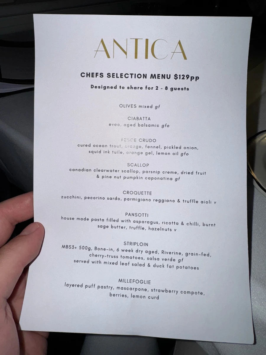 Menu, Antica Dining