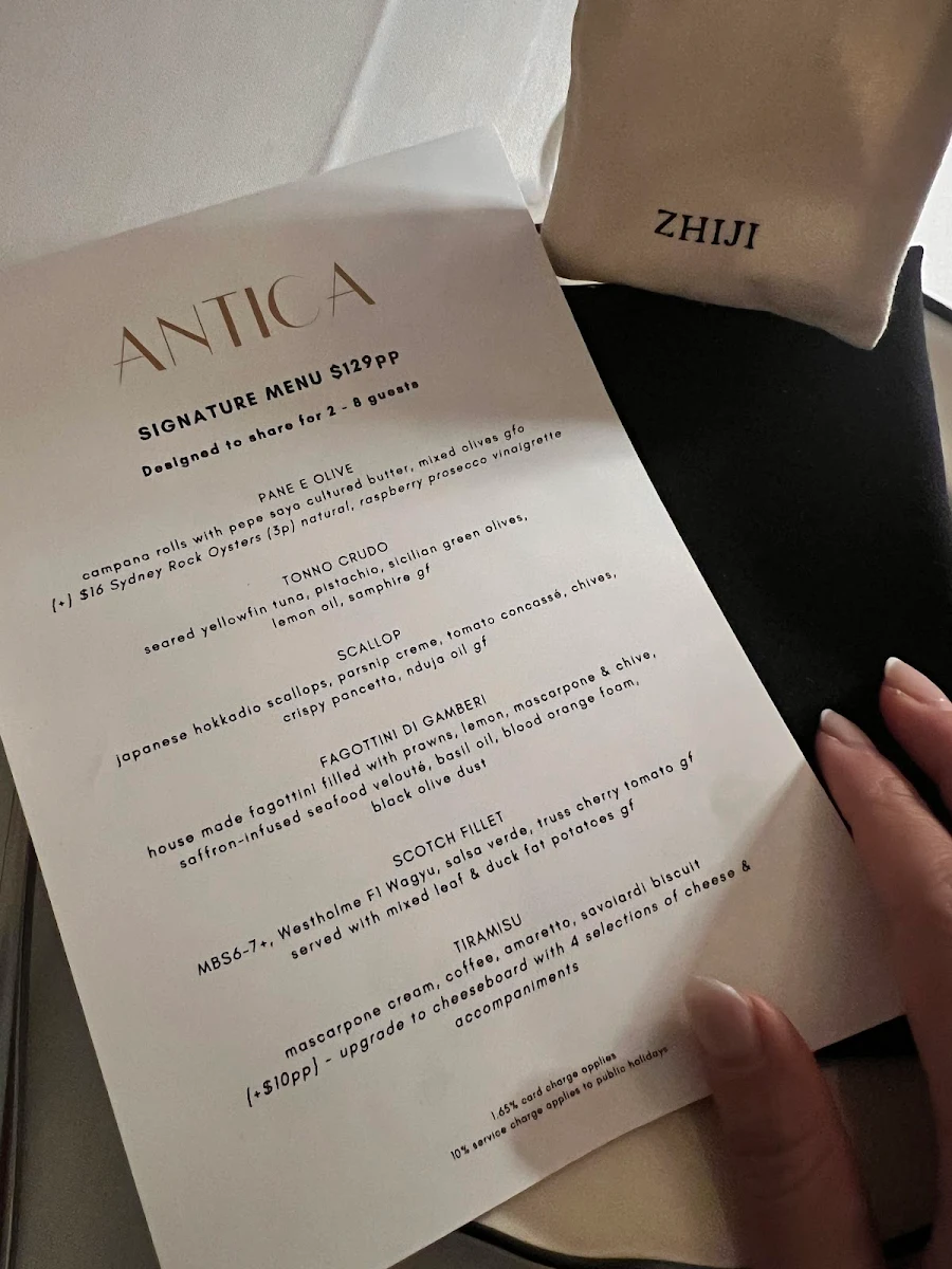Menu, Antica Dining