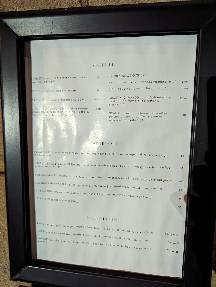 Menu, Antica Dining