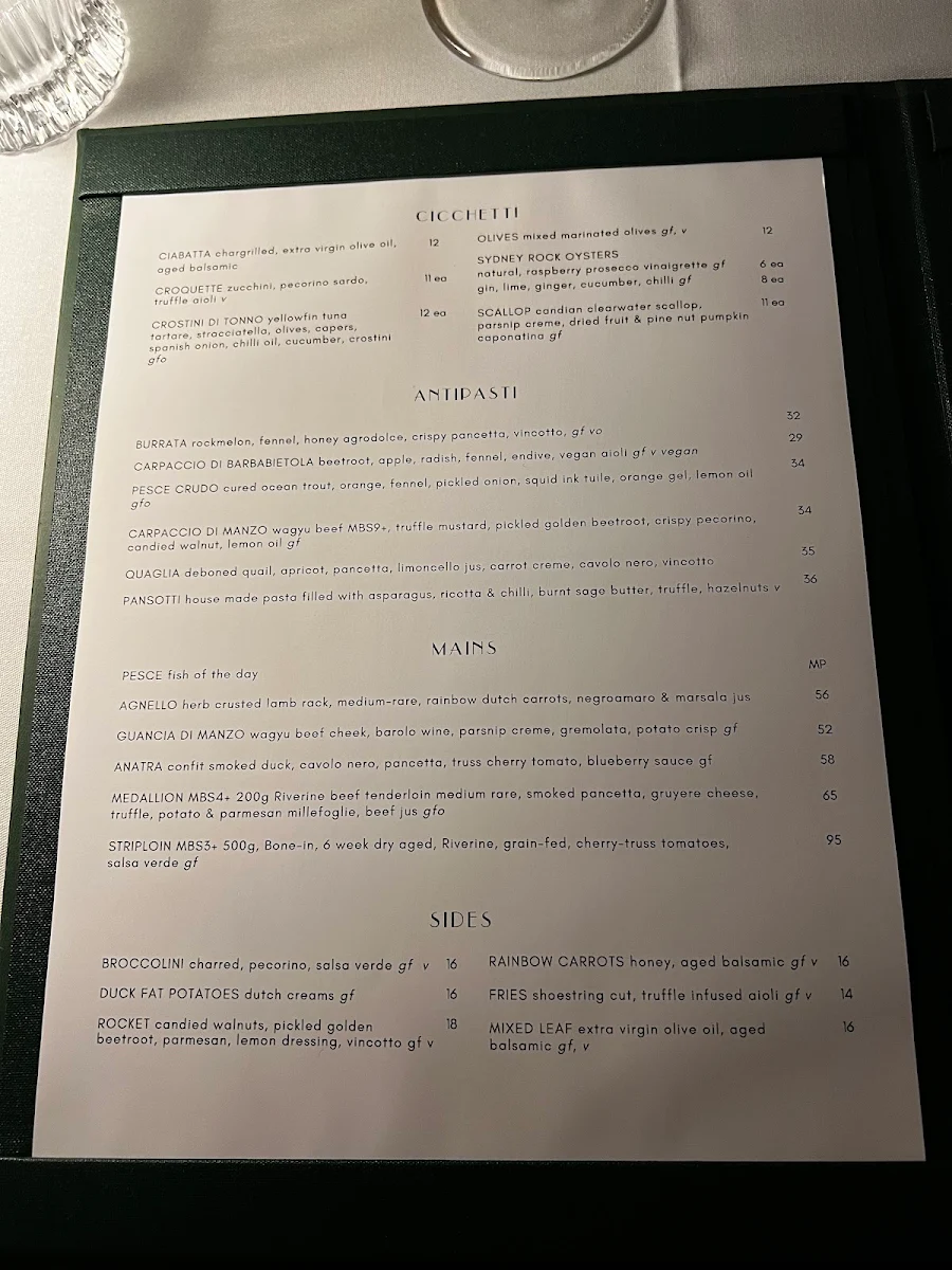 Menu, Antica Dining