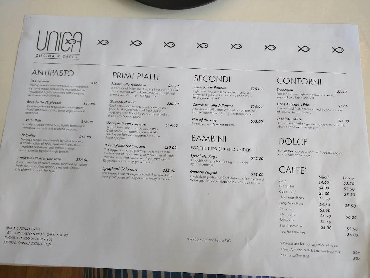 Menu, Unica Cucina E Caffe