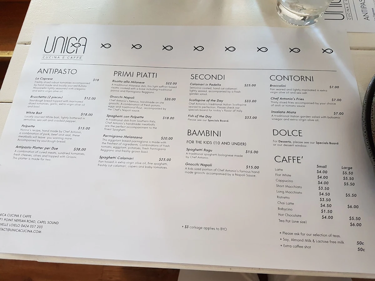 Menu, Unica Cucina E Caffe