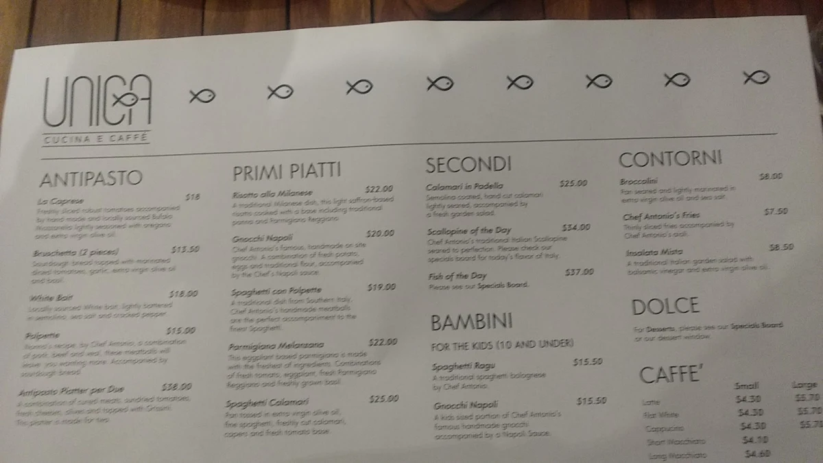 Menu, Unica Cucina E Caffe