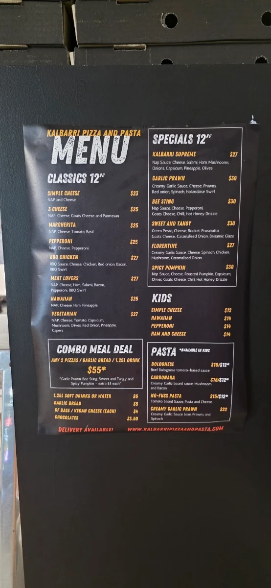 Menu, Kalbarri Pizza & Pasta